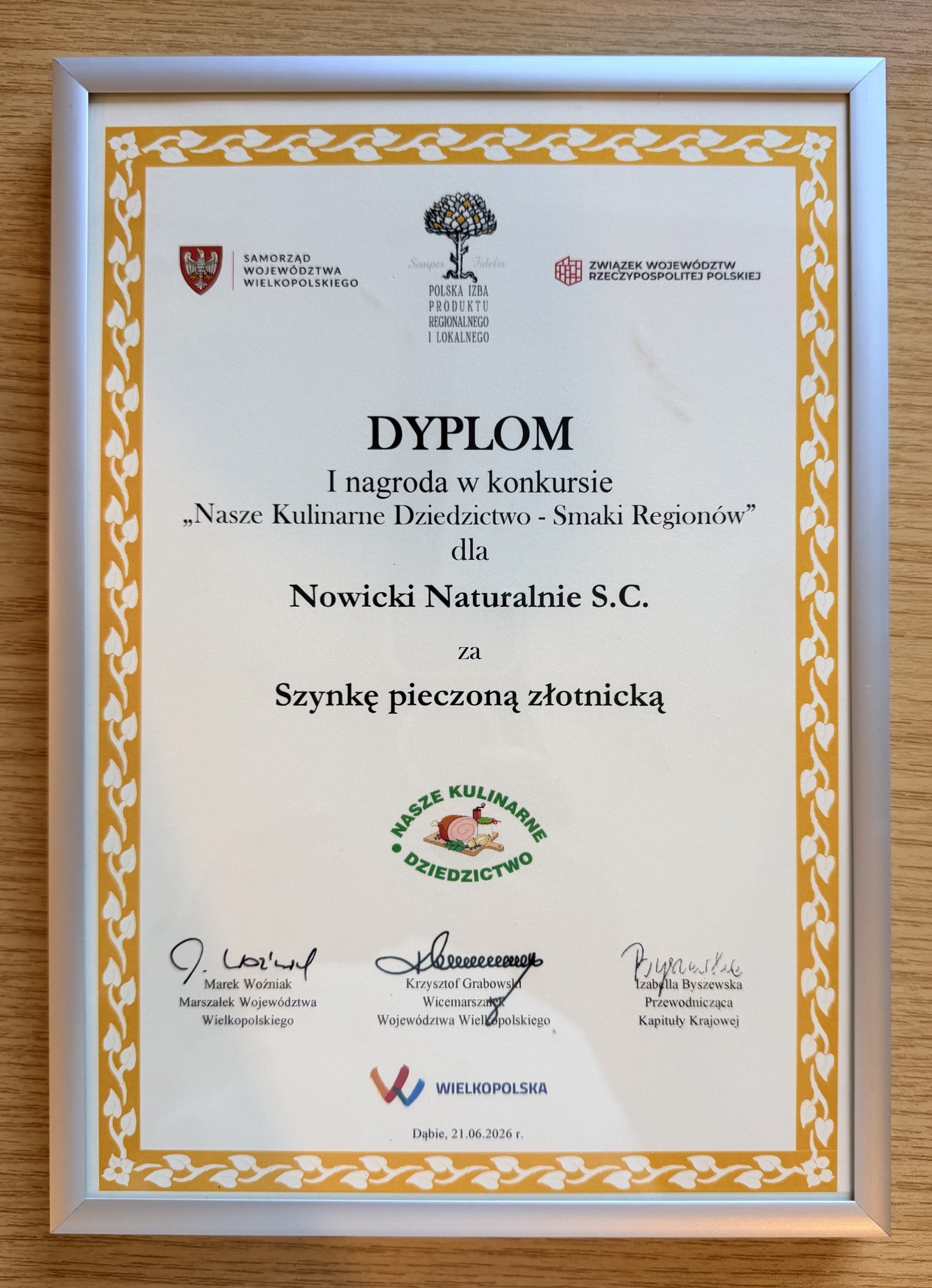 I nagroda za szynkę złotnicką pieczoną w konkursie „Nasze Kulinarne Dziedzictwo – Smaki Regionów”